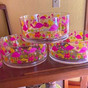Set of three Flamingo, plastic serving bowls.